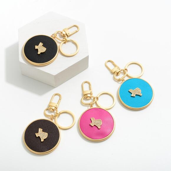 Vegan Leather Crystal Black Gold Texas Keychain Keyring Bag Charm - Picture 3 of 3